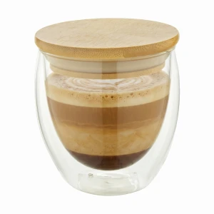 KUBEK SZKLANY Z PODWÓJNĄ ŚCIANKĄ 300 ML idealny do latte Z BAMBUSOWĄ POKRYWKĄ